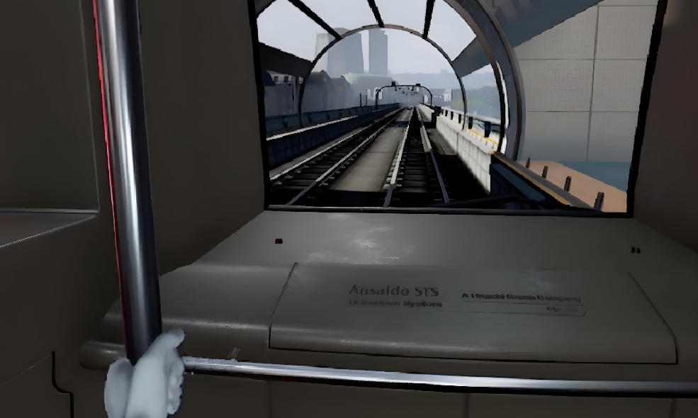 View of the tracks from inside a subway car in "Ansaldo Driverless System" VR experience